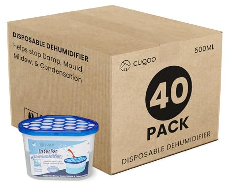 CUQOO Disposable Dehumidifier - 500ml Pack of 40, Damp & Moisture Absorber, Dehumidifiers for Damp, Mould, Kitchen, Wardrobe, Bedroom, Caravan, Office, Garage, Bathroom Condensation Remover