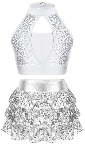 Runhomal - Conjunto de baile jazz para niño, niña, lentejuelas, leotardo, gimnasia, brillante, crop, top traje y falda danza latina, ballet espectáculo de 5 a 16 años, plata, 9-10 Años
