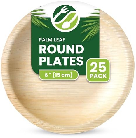ECO Leaf 25 Disposable Palm Leaf Plates - 6 (15cm) Shallow Round, Compostable & Biodegradable, Microwave & Oven Safe, Eco-Friendly, Strong Plates for Hot Food, Small Dessert Plate