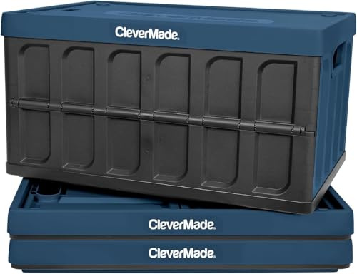 CleverMade Contenedores de almacenamiento plegables de 62 litros con tapas, cajas plegables de plástico apilables, pared sólida, paquete de 3, océano