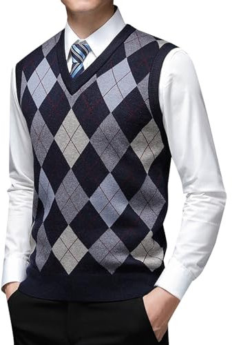 KBOPLEMQ Herren Kariert Ärmellose Strickweste V-Ausschnitt aus Baumwolle Winter Pullunder Pullover für Männer Pullunder Weste
