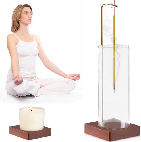 Hållare för rökelser, trä inverterad rökelsekärl, rökelsepinnar med avtagbart glas askfångare, hållare för rökelsestickor för meditation, hemmakontor, rum dekoration, vardagsrum dekoration, yoga