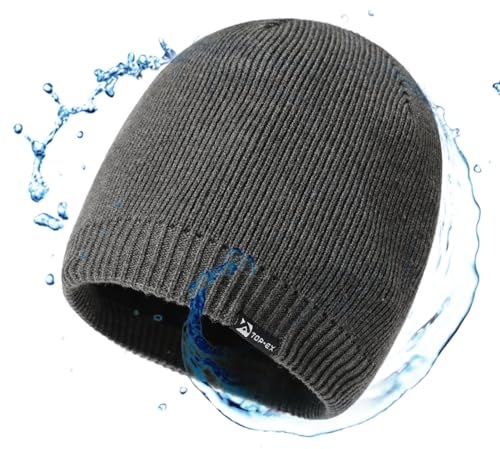 TOP-EX XL Winter Waterproof Merino Wool Knitted Beanie Hat for Men Women Fleece Lined, Warm Hat for Golf, Running UK Cold Weather Grey