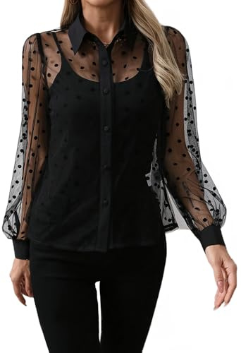 TOSHIKII Blusa de encaje con malla hueca para mujer, blusa transparente de encaje floral con botones, ropa interior, 15, XL