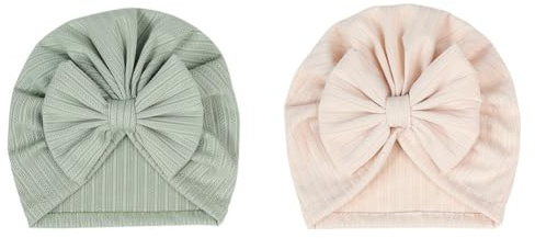 Hrlace 2 stycken babymössor för nyfödd babymössa, mjuk babyturbanmössa med rosett, infant, beanie, mössa, spädbarn, flicka, pojke, mössa för baby, nyfödda, småbarn, grön, beige