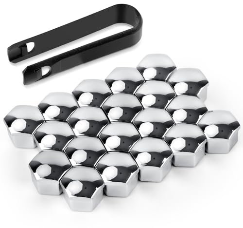 BOXOB 20pcs Lug Nut Covers, 17mm Hexagonal Nut Covers Car Wheel Nut Caps with Removal Tool Practical Car Lug Nut Caps Anti-Dust Wheel Bolt Cover Caps for Most Car Lug Nut (Silver)