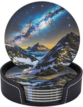 Drink Coasters Heat Resistant Leather Coaster Set of 6 for Drink Universe Milky Way Galaxy Coffee Cup Mat Round Tabletop Protection Pad with Holder 4