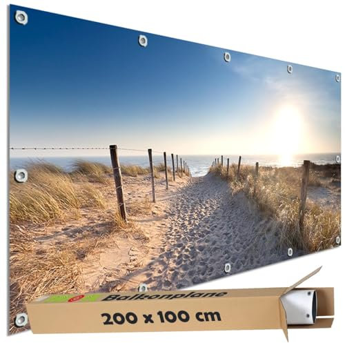 TRIOSK Sichtschutz Balkon Deko Plane Balkonblende Blickdicht mit Motiv Dünenweg Strand Meer für Garten Terrasse Gartenzaun Balkonverkleidung Blickschutz PVC groß 200x100 cm