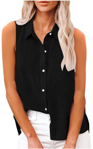 Camisa sin Manga Mujer Lino Algodón Verano Moda Color sólido Chaleco Blusa Elegante Camisetas de Tirantes Tank Tops Cuello en V Botones Oficina Fiesta Camisa Suelto Basic tee