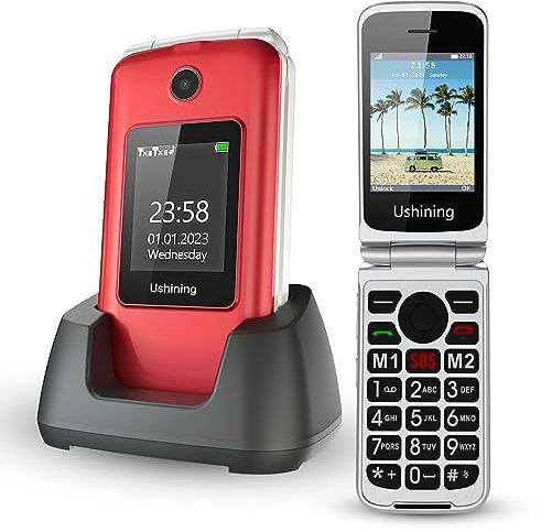 Tosaju Seniorenhandy Klapphandy ohne Vertrag Großtasten Handy für Senioren mit Ladestation Notruftaste Dual-SIM 1200 mAh Akku Lange Standby-Zeit 2,8 und 1,77 Zoll Doppel Farbdisplay