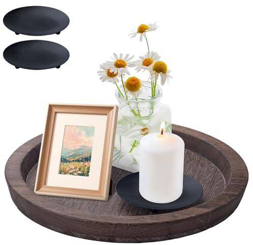 IHKFILAN Wooden Candle Holder Tray Round Decorative Plate Coffee Table Counter Farmhouse Kitchen Home Countertop Decor Wood Tealight Pillar Trays for Christmas Wedding Halloween