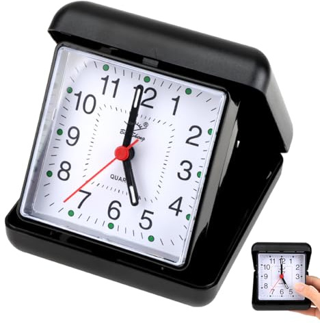 Lueden Folding Travel Alarm Clock Battery Operated Bedside Silent Quartz Clock Portable No Ticking Clocks with Clear Arabic Numbers for Bedrooms Office Desk Travel Camping, Black Case