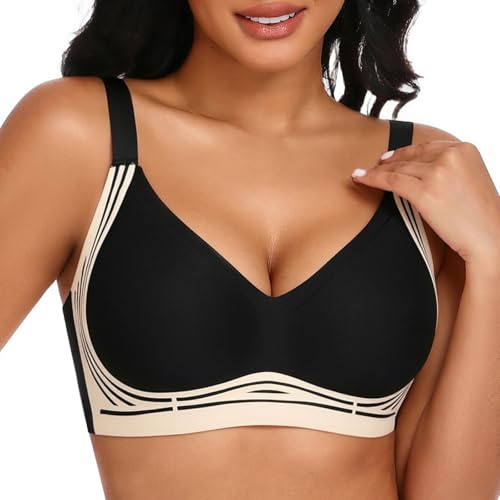 Niwicee Bras for Women Plus Size Push Up Bra Non Wired Full Coverage Support Bras Comfortable Wireless Seamless Bralettes Bra Ladies Everyday Bra with Removeable Padded (Black, XL)
