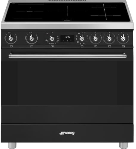 Smeg C9IMMB2 Cucina 90CM Con Forno Elettrico con Flusso Circolare Ventilato, Vapor Clean E Piano Cottura Ad Induzione con 5 Zone Cottura, Classe Energetica A, Colore Nero Opaco