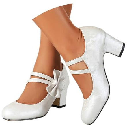 Mary Jane - Zapatos de tacón para mujer, tacones retro, zapatos de tacón retro, de ante sintético, redondos, para oficina, boda, P blanco., 44 EU