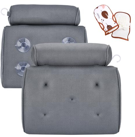 ZUSUZU Cuscino Vasca da Bagno, Ergonomico Cuscino da Bagno con 4D Air Mesh & 5 Antiscivolo Ventose, per Vasca da Bagno, Spa Domestica(con Guanto da Bagno)