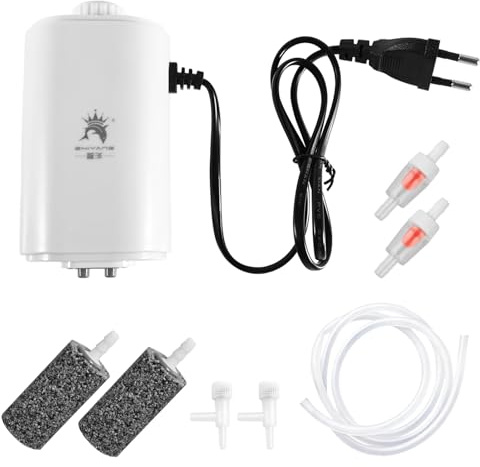 Editbar Pompa ad aria per acquario, con tubo di ossigeno da 2 m e 2 pietre frizzanti, pompa ad aria a doppia uscita, silenziosa e regolazione continua, aeratore per acquari piccoli e grandi (3,5 W, 2