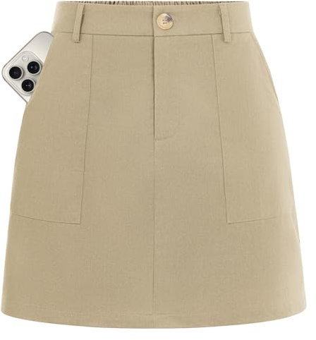 Kate Kasin Women's Linen Mini Skirt Summer Elastic High Waist Wrap Skirts Chic Casual Outfit with Shorts Underneath & Pocket