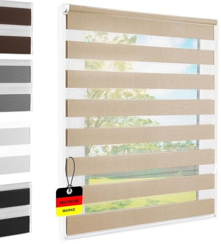 Doppelrollo Klemmfix ohne Bohren Sand 120x140 cm [Stoffbreite 116cm] Duo Rollo Fensterrollo für Fenster/Türen Gardine Klemmrollo Seitenzugrollo Sichtschutz Sonnenschutzrollo Zebrarollo