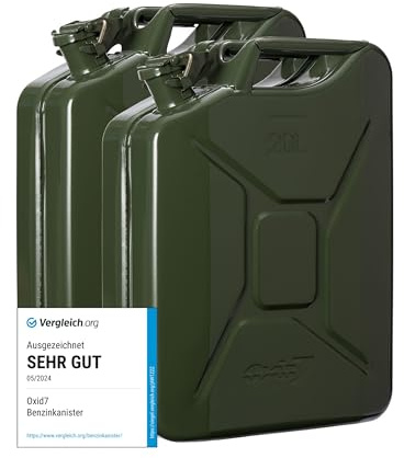 Oxid7 2x Kraftstoffkanister 20 Liter aus Metall olivgrün | Benzin, Diesel & Bio-Ethanol geeignet | 20L Benzin-Kanister mit UN-Zulassung & Bauart geprüft