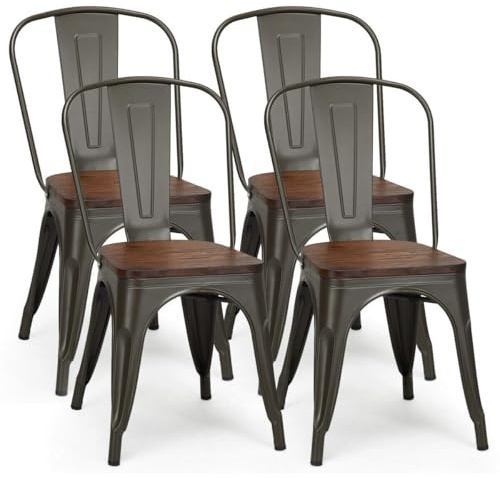 COSTWAY 18 Inch Dining Chair Set of 4, Industrial Vintage Stackable Metal Chairs, Counter Bar Chairs with High Backrest, Wood Seat, for Home, Kitchen and Cafe Bar Use
