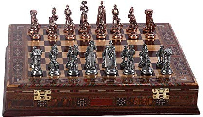Juego de ajedrez de Metal de Cobre Envejecido para Adultos, Piezas Hechas a Mano y Tablero de ajedrez de Madera Maciza Natural con diseño de Perlas Alrededor de la Tabla y Almacenamiento Interior