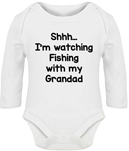 Hippowarehouse I'm Watching Fishing with My Grandad Baby Vest Bodysuit (Long Sleeve) Boys Girls White