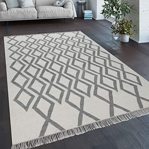 Paco Home Teppich Wohnzimmer Boho Stil Fransen Handgewebt Woll-Baumwoll Gemisch Grau Creme, Grösse:120x170 cm