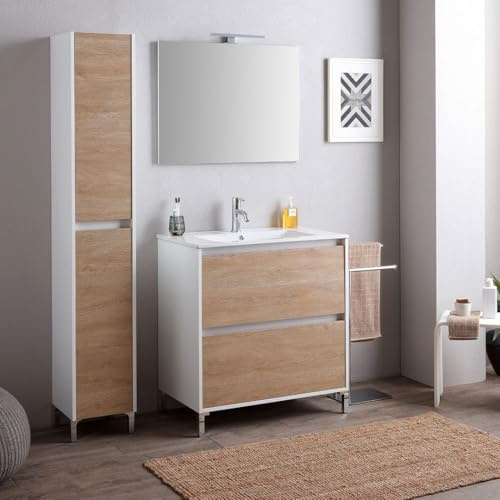Kiamami Valentina - Mobile Bagno a Terra con Lavabo Integrato | Collezione Laguna | 2 Cassettoni Estrazione Totale | Specchiera Inclusa | Quercia Naturale, 60 cm, Rovere