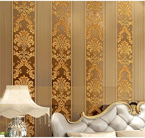 Prior.choice Vlies-Tapete, 9,5 x 0,53 m, Vintage-Luxus-Streifen, goldfarbener Damast, 6 Farben, geprägt, strukturiert, für Schlafzimmer, Wohnzimmer, 4,5 x 80,2 cm (B x L), 5,035 m² (Schokolade)