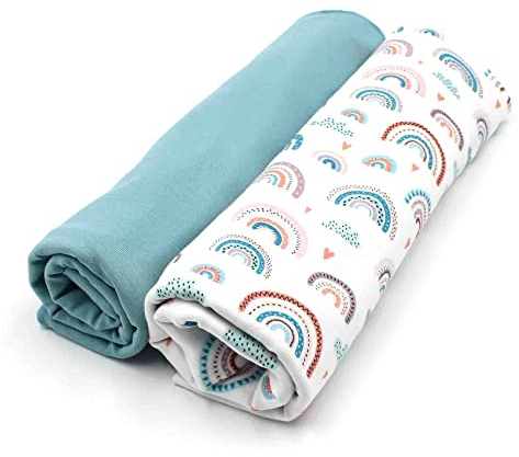 VmG-Store Jerseystoff Set farblich abgestimmt Design + Uni je 0,5mx1,5m 95% Baumwollstoff 5% Elasthan Tex Standard 100 (Regenbogen Pastell Weiß + Dunkel Aqua Set12)