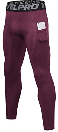 Ruowuhen Leggings Hombre Pantalones Deportivos de Compresión Secado Rápido Mallas Largas con Bolsillos para Running Fitness Yoga Vino Rojo L