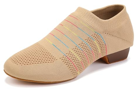 YKXLM Women Standard Social Practice Dance Sneaker Beginner Dance Practice Low Heel Ballroom Shoes for Women,Beige,1 Heel,9.5 US