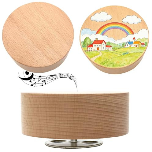 Pursuestar Over The Rainbow Music Box, Center Rotating 10cm Round Solid Wood Wind Up DIY Musical Gift for Women Boys Girls Children Mom Birthday Desktop Display