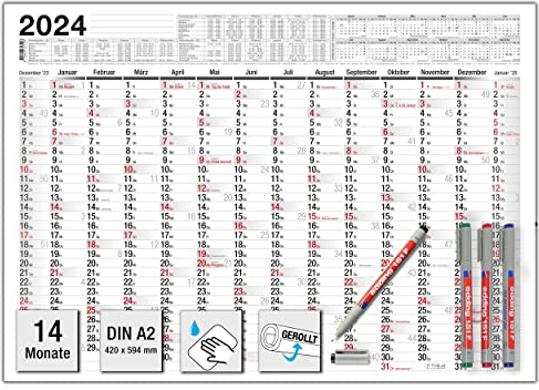 TOBJA Abwischbarer Wandkalender 2026 A2 inkl. 4 Markenstifte | Kalender 2026 A2, gerollter Versand, 14 Monate | Jahreskalender mit Ferien 2026 | 250g/m² Papier