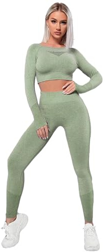 Jamron Donna Inverno Spesso 2 Pezzi Set di Abbigliamento Yoga Crop Top + Leggings Tuta da Ginnastica Matcha SN079110 S