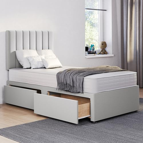 ComfoRest 3FT Single Bed with Mattress and storage drawers (x2) – Silver divan base and 24 inch Stripe headboard – orthopaedic, medium-firm 3FT mattress, UK made