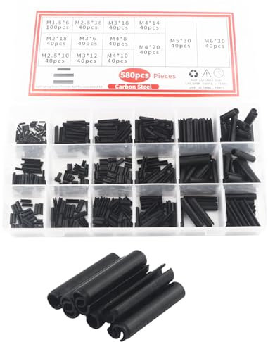 GIVIHGETI Lot de 580 goupilles de serrage creuses en acier au manganèse - Tailles M1,5 M2 M2,5 M3 M4 M5 M6 - Noir - Avec boîte de rangement