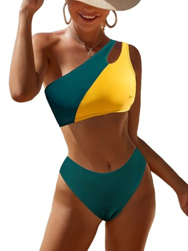 JFAN Bikini Donna con Una Spalla Scava Fuori la Stampa Serpentina in Due Pezzi Costume da Bagno a Vita Alta Bikini Mare Donna in Moda Mare Push Up，Giallo Verde M