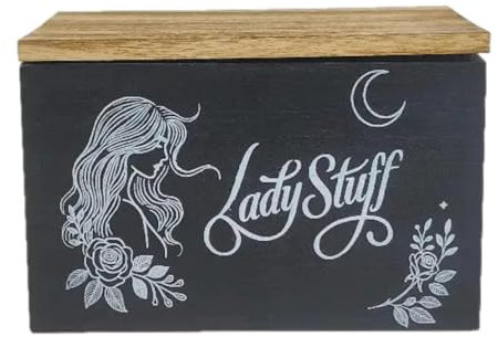 Lady Stuff Storage Box - Vintage Wooden Bathroom Divided Organizer with Flip-Top Lid for Pads, Liners, Tampons & More - Feminine Hygiene Rustic Chic Home Decor, Hinged Lidded Discreet Storage (BLACK)