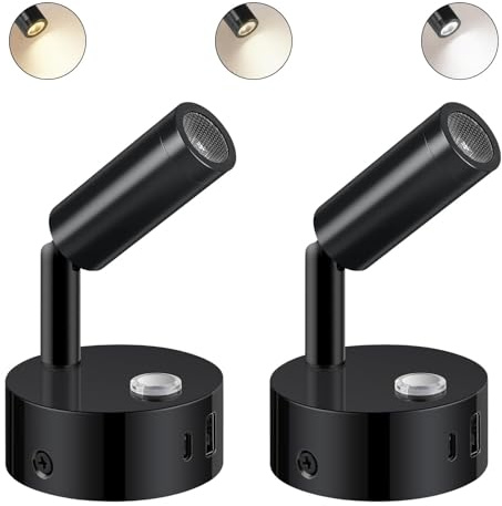ERWEY 2 delar LED läslampa 12V husbil, vägglampa sänglampa med switch touch dimbar 3000K-6000K, DC 12V-24V spot interiörbelysning med USB A + C-portar för båt bil van yacht, svart