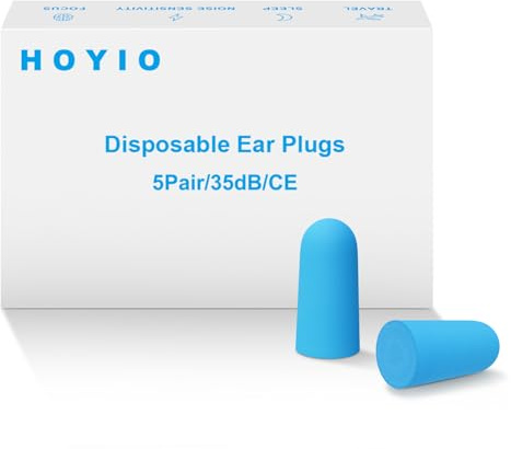Foam Ear Plug for Sleeping, HOYIO 5 Pair 35dB Soft Earplugs for Noise Cancelling Hearing Protection Soring Blocking, Holiday Travel Cruise Flight Backpacking Work Study Essentials, Disposable, Blue