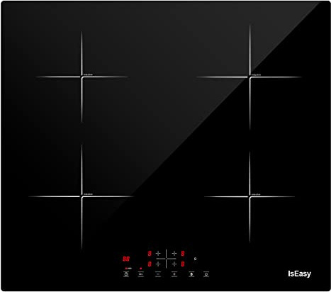 Placa de inducción con 4 fuegos, 4 fuegos, empotrable, 59 cm, 6800 W, 4 Booster, temporizador, control táctil, bloqueo infantil