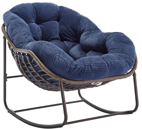 dowowdo Sedia a dondolo da esterno con rattan, comoda poltrona lounge con seduta imbottita, per giardino, terrazza, balcone e soggiorno, blu navy