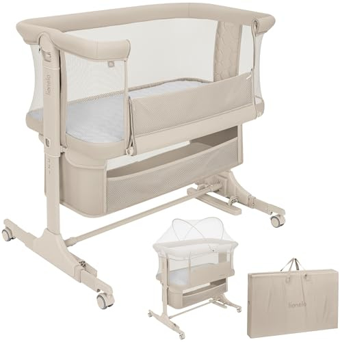 Lionelo Jodie Beistellbett 3in1, 6-Fach höhenverstellbar mit Neigungsverstellung für Boxspringbett, als Wiege & Babybett, Netzseiten, Rollen mit Bremse, Matratze, Gurte, Transporttasche, Moskitonetz