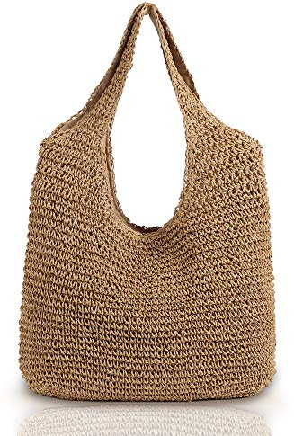 QTKJ Hand-woven Soft Large Straw Shoulder Bag Boho Straw Handle Tote Retro Summer Beach Bag Rattan Handbag (Khaki)