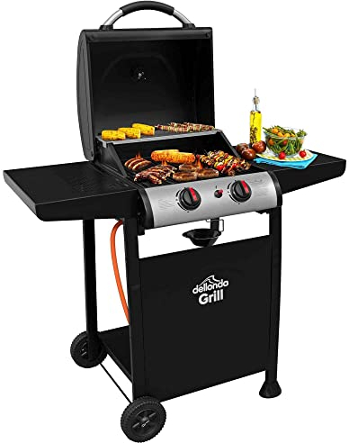 Dellonda 2 Burner Gas BBQ Grill with Piezo Ignition, Built-In Thermometer, Black/Stainless Steel - DG13