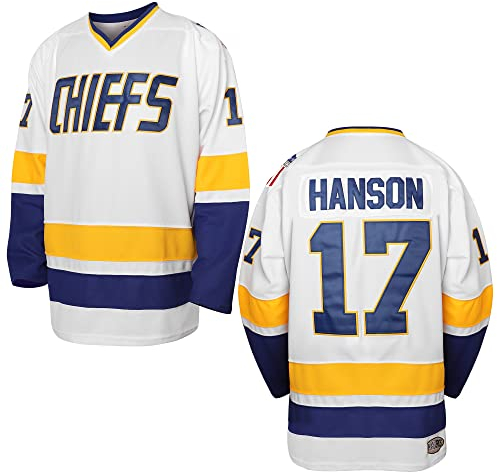 Hanson Brothers Hockeytrikot 16 Charlestown Chiefs 17 Jeff Slap Shot 18 Movie Hockeytrikot Blau Weiß S-3XL (17 Weiß, L), Blau, weiß, L