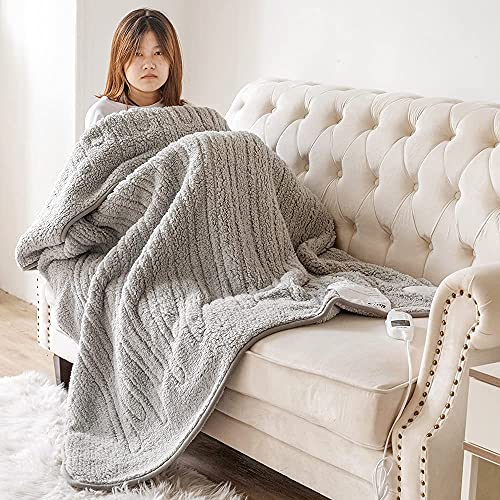 Luxurious Electric Heated Teddy Sherpa Over Blanket ex-Large 160x130cm Sofa Bed Comforter Detachable Controller 9 Heat Settings Polyester Washable Heated Throws Pad Coverlet Mantle