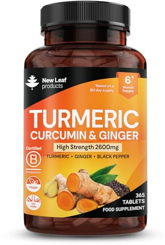 Turmeric Tablets 2600mg High Strength with Black Pepper & Ginger (6 Months Supply) Active 95% Turmeric Curcumin Supplements 365 Tablets Not Capsules, Vegan, UK Made by New Leaf